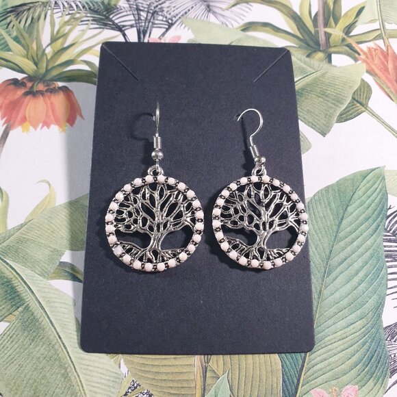 Tree Of Life Dangle Earrings With Pink Beaded Trim & Stainless Steel Hooks - Picture 1 of 6